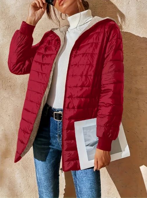 Women'S Cozy Red Quilted Hooded Zip-Up Jacket