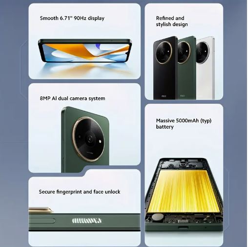 Xiaomi POCO C61 Smartphone – 6.71" 90Hz Display, 3GB RAM + 64GB Storage, Dual Cameras, USB-C, Android 14