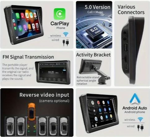 BQCC 17.78cm Portable CarPlay & Android Auto Touchscreen – HD Video & Music Player, USB/BT, TF Card Support, Easy Installation