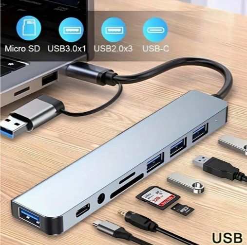 8-in-1 USB Hub with Audio Jack – Multi-Port Adapter for Tablets, USB-Powered, 5V Operation
