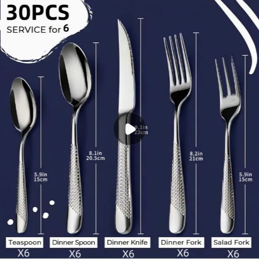 30pcs Silvery Modern Hammer Cutlery Set – Stainless Steel, Ultra-Sharp Serrated Knives, Mirror Polished, Dishwasher Safe