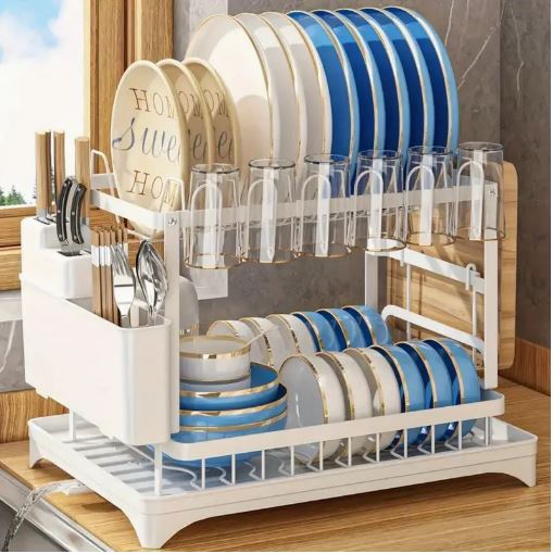 2-Tier Stainless Steel Dish Drying Rack with Drainboard – Adjustable Kitchen Dish Drainer with Utensil & Cup Holder