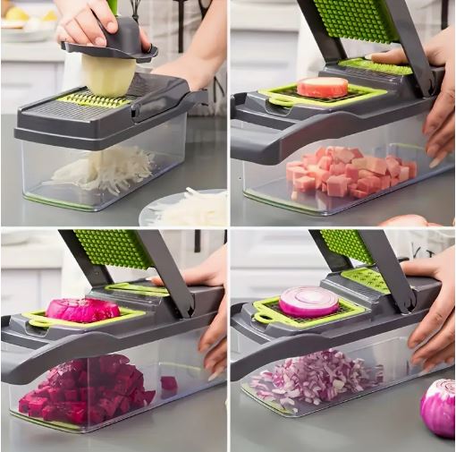 16-in-1 Vegetable & Onion Chopper – Semi-Automatic Food Cutter with 8 Stainless Steel Blades