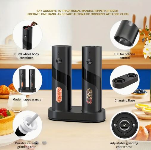 Portable Dual-Head Type-C Rechargeable Electric Salt & Pepper Grinder with LED Light