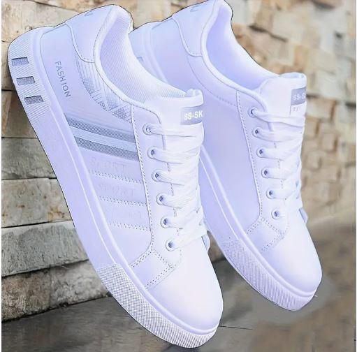 KOONEXY Men's Casual White Sneakers – Lightweight Low-Top Shoes with Striped Detail, Breathable Lining & Soft Cushion Support