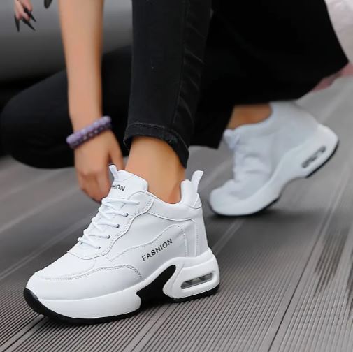 Women’s White PU Sneakers – Breathable Lace-Up Low-Top Shoes with Air Cushion